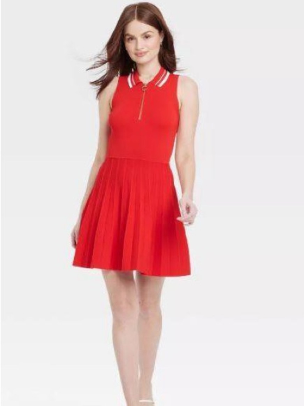a new day Red Sleeveless Polo Zip Pleated Mini Dress